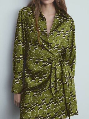 Mango Geo Print Olive Green Faux Wrap Mini Dress